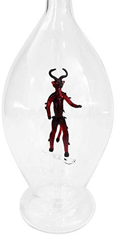 Dekorative Karaffe klares Glas verziert mit rotem Teufel aus Glas Spirituosen Flasche mit Dekor Füllmenge 0,5 Liter Höhe ca. 30 cm