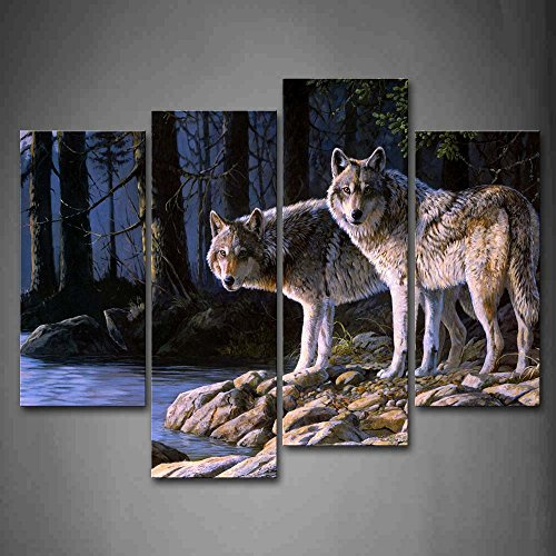 First Wall Art Wolf Tier Bilder Leinwand 4 Teilig Bild Wolf im Wald Fluss Wandbilder Wohnzimmer Moderne für Schlafzimmer Dekoration Wohnung Home Deko Kunstdruck