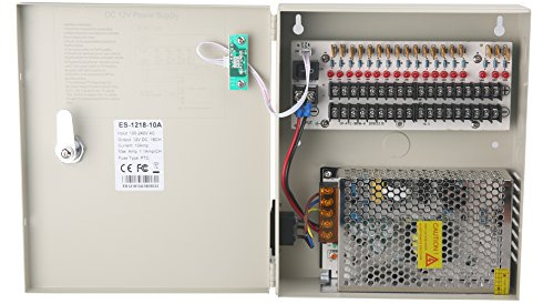 EVERSECU 18 Channel DC12V 20 Amp Reset Fuse CCTV DC Distributed Power Box with AC Plug and Lock for Security Cameras, DVRs, CCTV Power Supply