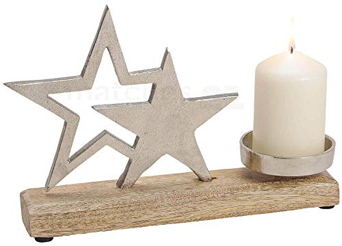 matches21 Kerzenhalter mit Sternen aus Metall & Holz Weihnachten Dekoration Skulptur Silber/braun 1 STK 25x16x5 cm