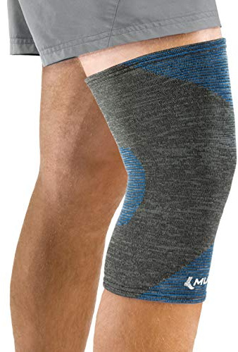 Mueller Sports Medicine FIR 4-Way Stretch Knee Support, Knee Pain Relief Support for Men and Women, Ideal for Arthritis, Sprains, Gray/Blue (Pack of 1)