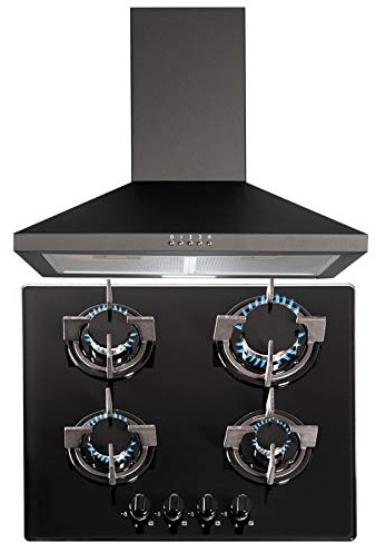 SIA 60cm Black 4 Burner Gas On Glass Hob & Chimney Cooker Hood Extractor Fan
