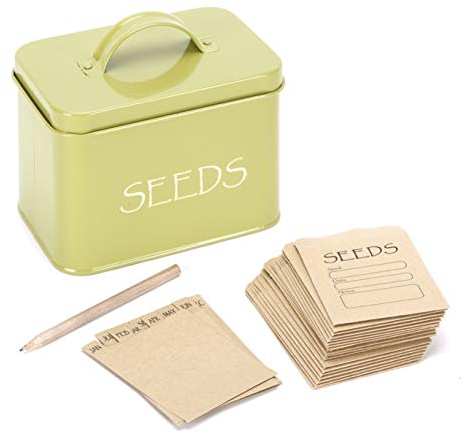 Katai Steel Seed Storage Box Organiser in Green. Compact Seed Packet Container with Lid Complete with Monthly Dividers, 20 Envelopes and Pencil