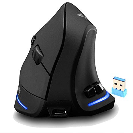 Zeerkeer Mouse verticale 2.4G wireless, mouse verticale ergonomico ricaricabile USB 1000/1600/2400 DPI, 6 pulsanti con software da personalizzare, mouse ottico per laptop, desktop, PC (nero)