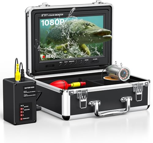 Eyoyo Underwater Fishing Camera, Video Fish Finder Upgraded 1080P Ice Fishing Camera 12 IR Lights, 1024x600 9 inch IPS Screen w/DVR Function for Sea, Lake, Boat, Ice Fishing (30m+DVR)