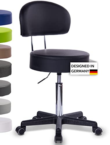 1stuff Rollhocker Squash 40 BIGBACK, Höhe 51-71cm, 40cm breit (Schwarz) | 1stuff-Qualität - Robuster Studiohocker mit Lehne BIGBACK, Drehhocker 360°, Bürohocker, PU-Rollen, Service aus DE