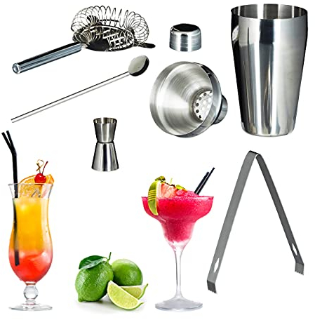Set 2 Kits Cóctel 5 Piezas c/u, Set de Coctelera con Accesorios, Acero Inoxidable, para Batidos y Cócteles, Plateado