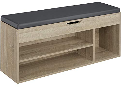 TecTake® Scarpiera con Seduta Imbottita - 104 x 30 x 49 cm - Mobile Ingresso con 3 Scomparti e Cuscino, Scarpiera Ingresso per Organizzazione della Casa - Legno Industriale Chiaro, Rovere Sonoma