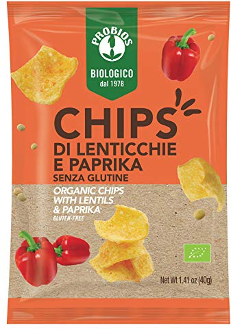 Probios Chips di lenticchie e paprika biologiche - Consistenza croccante e senza glutine - Preparate con olio di semi di girasole - Perfette per pause e momenti conviviali - Confezione da 12 x 40 g