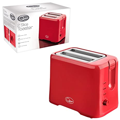 Quest 34299 2 Slice Toaster / Variable Browning Control / Reheat and Defrost / Crumb Tray and Cord Storage, Red, 870W