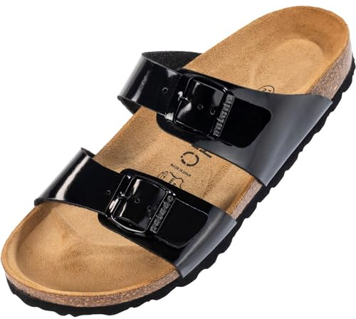 Palado Pantoletten Damen Samos - elegante Sandalen Made in Spain - bequeme Hausschuhe mit dämpfendem Kork-Fußbett - modische Sommerschuhe Lack Schwarz UK5,5 - EU38