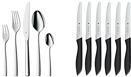WMF Boston Edelstahl Besteck Set 6 Personen, Essbesteck Set 30 teilig, Monobloc-Messer & Classic Line Frühstücksmesser Set 6-teilig, 23 cm, Brötchenmesser Wellenschliff, Brotzeitmesser