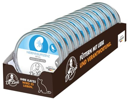 Dr. Link Spezial-Diät Katzenfutter für Katzen und Kater, Nieren, Proteinquelle Huhn & Lachs – Premium-Diät-Alleinfuttermittel, mit Omega-3 Fettsäuren, Unterstützung der Nierenfunktion – 12x85g Schale