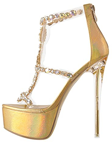 blingqueen Damen Plateau Sexy High Heels Sandalen mit Stiletto Absatz Gold Sandaletten mit Strasssteinen 38 EU