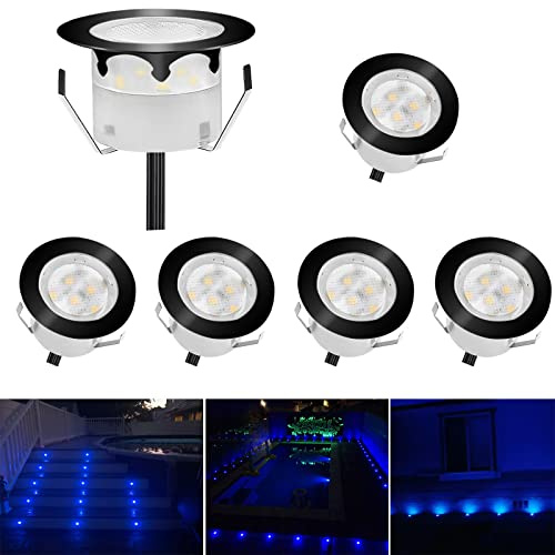 CHNXU LED Bodeneinbaustrahler 6er Set Treppenbeleuchtung Ø45mm 1W Blau Terrassen Einbaustrahler Aussen 12V IP67 Wasserdicht Bodenlampe für Garten Holzbrücke Pool Holzdeck, Schwarz