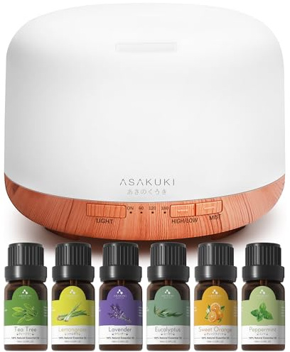 ASAKUKI 500ml Essential Oil Diffuser with 6x10ml Essential Oils Set, Remote Control Oil Diffusers Cool Mist with 14 LED Colors, Auto Shut Off, 4 Timer, Aroma Diffusers Gift Set for Home Bedroom Office