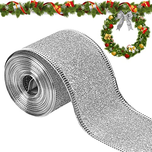 Lets Joy Geschenkband Weihnachten, 10M Weihnachtsbänder, Schleifenband Satinband, Weihnachten Band, Weihnachtsbaum Band für Dekoration Hochzeit Party Geschenk Verpackung (Silber)