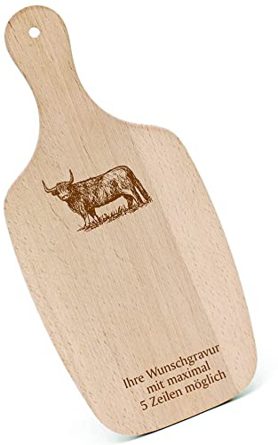Schneidebrett Frühstücksbrettchen Gravur personalisiert - Schottisches Hochlandrind - mit Griff 330x150 Holzbrett Holz Küche Schneidbrett