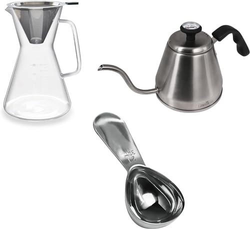 London Sip Pour Over Kaffeemaschinen-Set, inklusive Edelstahl-Schwanenhals-Wasserkocher, 1200 ml Glaskaraffe mit wiederverwendbarem Edelstahlfilter und 2 Esslöffel-Kaffeeschaufeln