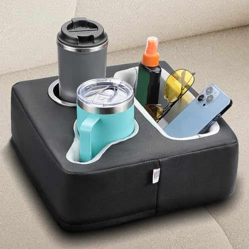 KEMIMOTO Couch Cup Holder Couch Tray Sofa Cup Holder PU Leather Anti-Slip & Spill-Proof Bed Caddy Organizer Sofa Tray for Drinks, Snacks, Remotes, Cell Phones