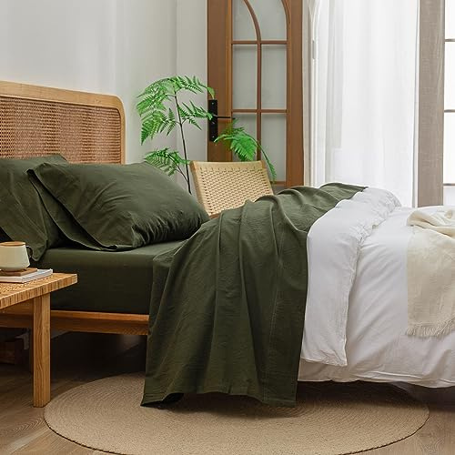 BESTOUCH Sheet Set 100% Washed Cotton Linen Feel Super Soft Comfortable Chic Lightweight 3 Pcs Home Bedding Set Solid Olive Green Twin