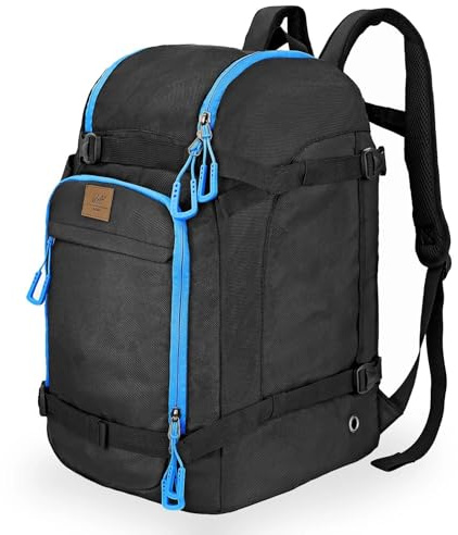 WOLT Ski Boot Bag Backpack - 50L Snowboard Boot Bag for Air Travel for Snow Boots, Ski Helmet, Gloves, Goggles, Skiing Gear (Black+Blue)