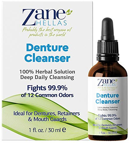 Zane Hellas Denture Cleaner. Oregano Oil Power. Ideal for Dentures, Retainers, Braces, Mouth Guards. Helps Remove Plaque, Tartar, Stains and Bad Odor. 100% Herbal Solution. 1 fl.oz.-30ml.