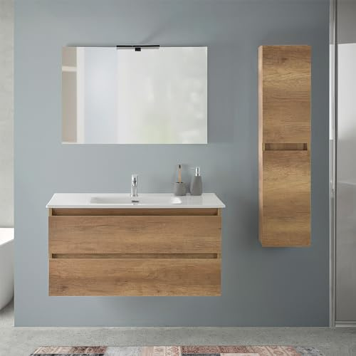 Inbagno Mobile Bagno Sospeso 100 cm Rovere Naturale– Composizione Con Lavabo In Ceramica, 2 Cassettoni Soft-Close E Pensile Colonna 125 cm – Linea Nadia