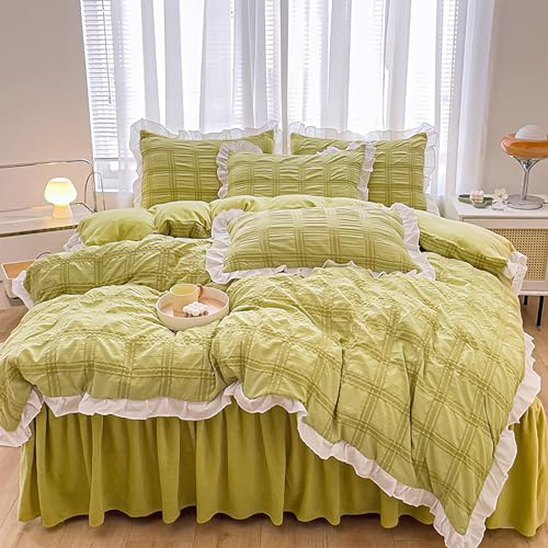 GETIYA Romantisch Seersucker Bettwäsche 135x200 Grün Bettwäsche Mädchen Damen Grün Seersucker Bettbezug Einzelbett Weich Mikrofaser Bettwäsche mit Rüschen mit 1 Kissenbezug 80x80