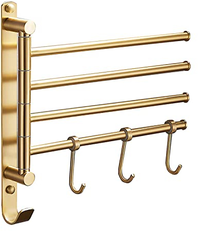 Handtuchhalter, Handtuchhalter zur Wandmontage, Badezimmer-Handtuchhalter, gebürstetes Gold, drehbarer Handtuchhalter mit Haken, wandmontierter Handtuchhalter, Messing-Handtuchhalter mit 4 S