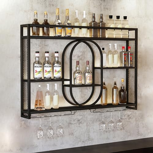 Range-bouteilles Mural À,Métal Range Bouteille Vin En 3 Etages,Casier À Vin Avec Lumière LED,Bouteilles Vin Rangement Porte-bouteille De Vin Convient Pour Cuisine,Cave À Vin,Bar(Black,120cm/47.2x5.9x3