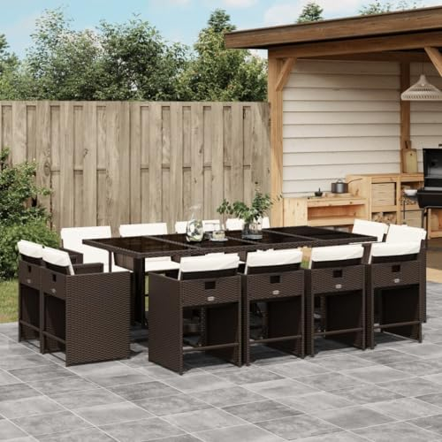 Homgoday 13-TLG. Garten-Essgruppe mit Kissen Sitzgruppe Sitzgarnitur Gartentisch Tisch Esstisch Stühle Gartenmöbel Set Gartenset Gartengarnitur Braun Poly Rattan