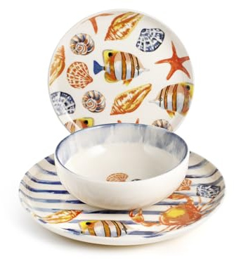 H&H Playa Servizio Tavola 18 Pezzi in Stoneware – Piatti Decorati con Conchiglie, Pesci e Stelle Marine – Lavabile in Lavastoviglie e Microonde – Perfetto per Tavole Estive e Case al Mare