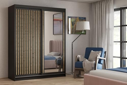 BEAUTY SOFA Meuble Donatello - Armoire avec miroir, étagères, tringle à vêtements, portes coulissantes et lamelles, garde-robe, placard de couloir - Noir - Largeur 100 cm