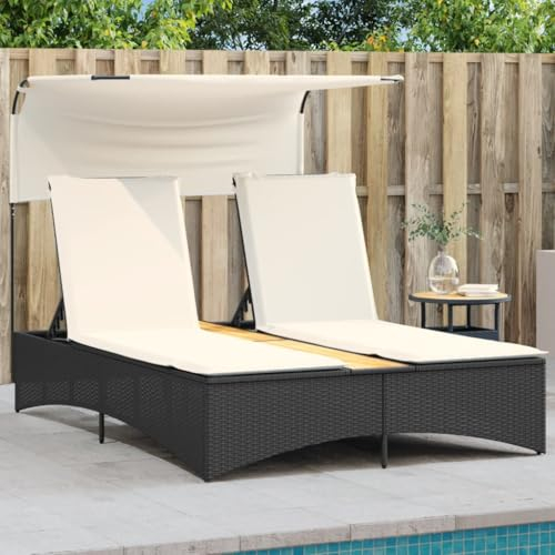 Keyroto Solstol för 2 personer med solskydd 5-vägs justerbar polyrattan dubbel trim väderbeständig solsäng utomhus säng polyrattan solstol trädgård relaxstol 136 x 200 cm svart