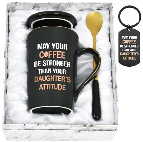 Joymaking Gifts for Dad May Your Coffee Be Stronger Than Your Daughters Attitude Dad Coffee Mug with Keychain from Daughter Christmas Birthday Gifts Fathers Day, 14Oz Black