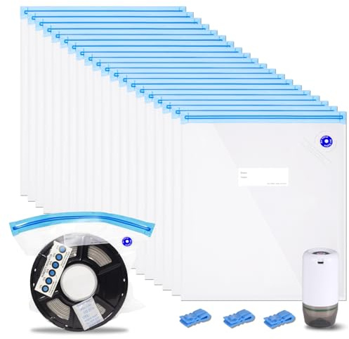 Vakuum Aufbewahrung Set für 3D Druck Filamente, USB Vakuumpumpe mit 20 Stück wiederverwendbare Vakuumbeutel 30x34cm, Feuchtigkeitsbeständige Filament Lagerbeutel für PLA ABS PETG 1kg Spulen