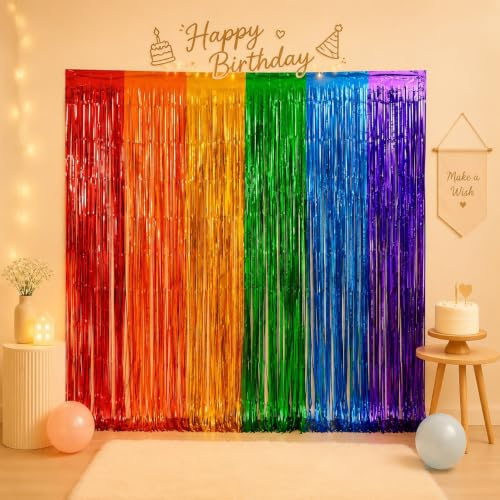 2 Stück Schulkind Lametta Vorhang Regenbogen, Glitzervorhang Lametta, Glitzer Vorhang Rainbow Folien Fransen Hintergrund für Geburtstagsdeko Mädchen Weihnachten LGBTQ Party Regenbogen