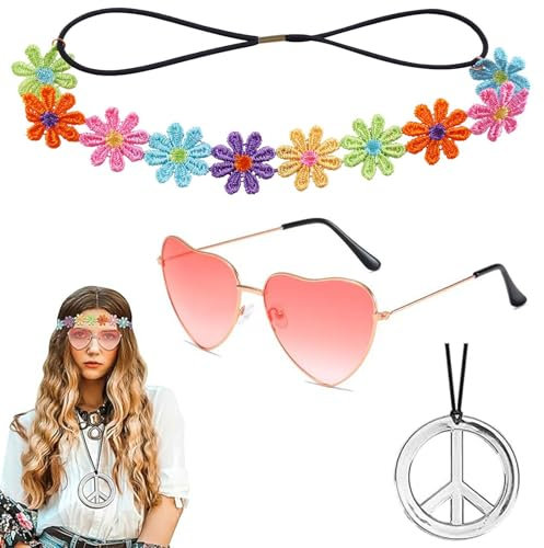 YEWCEP 3 Pcs Hippie Accessoires, Schlager Outfit Damen, Hippie Accessoires, Hippie Haarband, Vintage Hippie Brille Im Stil 60er 70er Jahre, Boho Stirnband Blume Stirnband Friedenszeichen Halskette