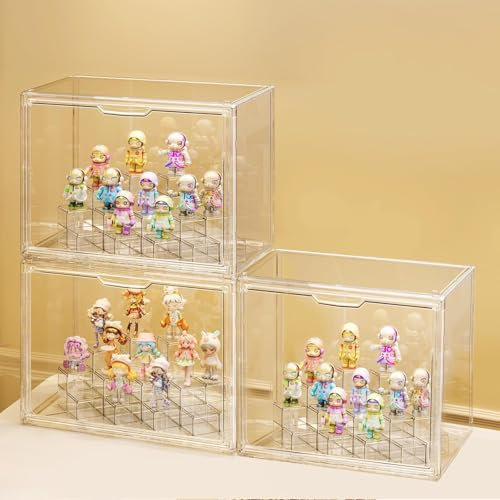 GUDEMAY Stapelbare Acryl Vitrine mit Podest, Staubdichte Display Case, Transparente Aufbewahrungsbox Schaukasten für Actionfiguren, Lego, Popmart, Funko Pop & Blind Box Sammlerstücke (3er-Set)