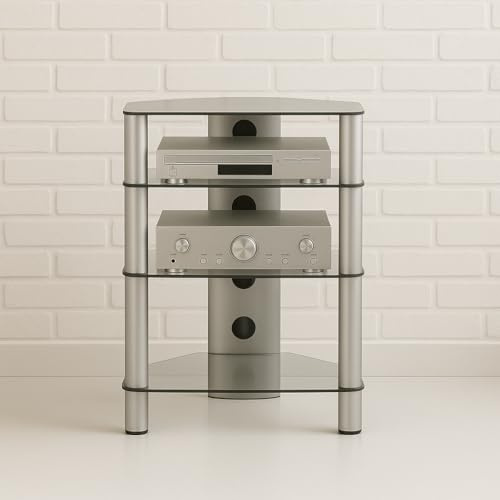 RO&CO Sonorous RX-2140-TG HiFi Rack 4 Ebenen aus Transparentem Sicherheitsglas 86x60x50 cm Aluminium Grau TV Audio Möbel bis 65 kg mit Kabelmanagement