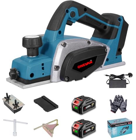 Electric Cordless Planer Wood Batteries Planer Tools - with 82 mm Planing Width, 2 mm Chip Depth, No Dust Bag, Electric Hand Planer for Furniture DIY (Incl. 2 Batteries)