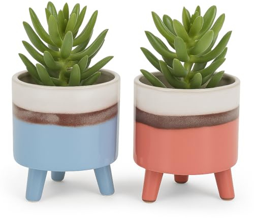 Muddy Hands Set of 2 Colourful Blue & Pink Ceramic Planters with Legs Indoor Home Decorative House Plant Pot Cover Holder