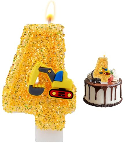 Bagger Geburtstagskerzen Zahlen,Bagger Themar Kuchendeko,Bagger Deko Kindergeburtstag 2 Digger Cake Decoration Bagger Kuchendeko für Jungen,Architektur-Geburtstagsdekoration (Nummer 4)