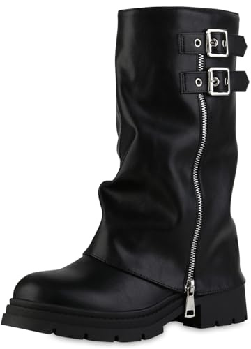 VAN HILL Damen Bikerstiefel Blockabsatz Zipper Trendy Schuhe 217554 Schwarz 39