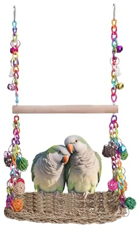 Altalena per uccelli per gabbia – Altalena per uccelli in legno con asta – In piedi amaca giocattolo da masticare, marina intrecciata, per conure fringuelli e parrocchetti