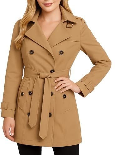 Jessica Simpson Womens Trench Coat - Lightweight Belted Softshell Jacket - Polar Fleece Lined Hooded Long Coat for Women, Size Medium, Camel
