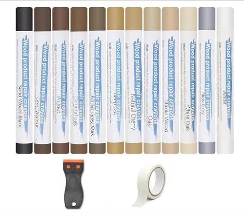 19 Pezzi Kit Riparazione Parquet, Riparazione Legno per Riparazione Graffi, Macchie, Buco Parquet, 10 Pezzi Penna Correzione Mobili, Nastro Adesivo e Raschietto per Tutti i Tipi di Mobili in Legno