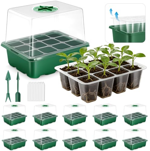 joyhalo 10 Packs Seed Starter Tray with Extra-Tall Humidity Dome 120 Cells Total, Thicken Seed Starter Kit, Greenhouse Germination Kit, Indoor Gardening Plant Trays for Seeds Growing