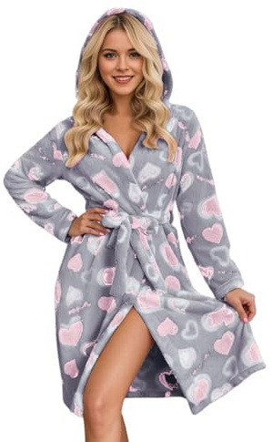 Accappatoio da donna in pile con motivo a cuori, morbido vestaglia con cappuccio e cintura, morbido accappatoio lungo, grigio chiaro, M